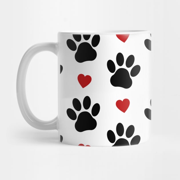 Pattern Of Paws, Dog Paws, Black Paws, Red Hearts by Jelena Dunčević